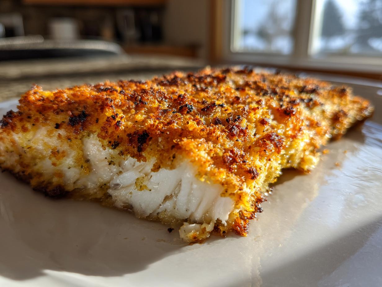 Close-up of a flaky, white salmon fillet with a golden brown, crunchy parmesan crusted baked salmon topping.