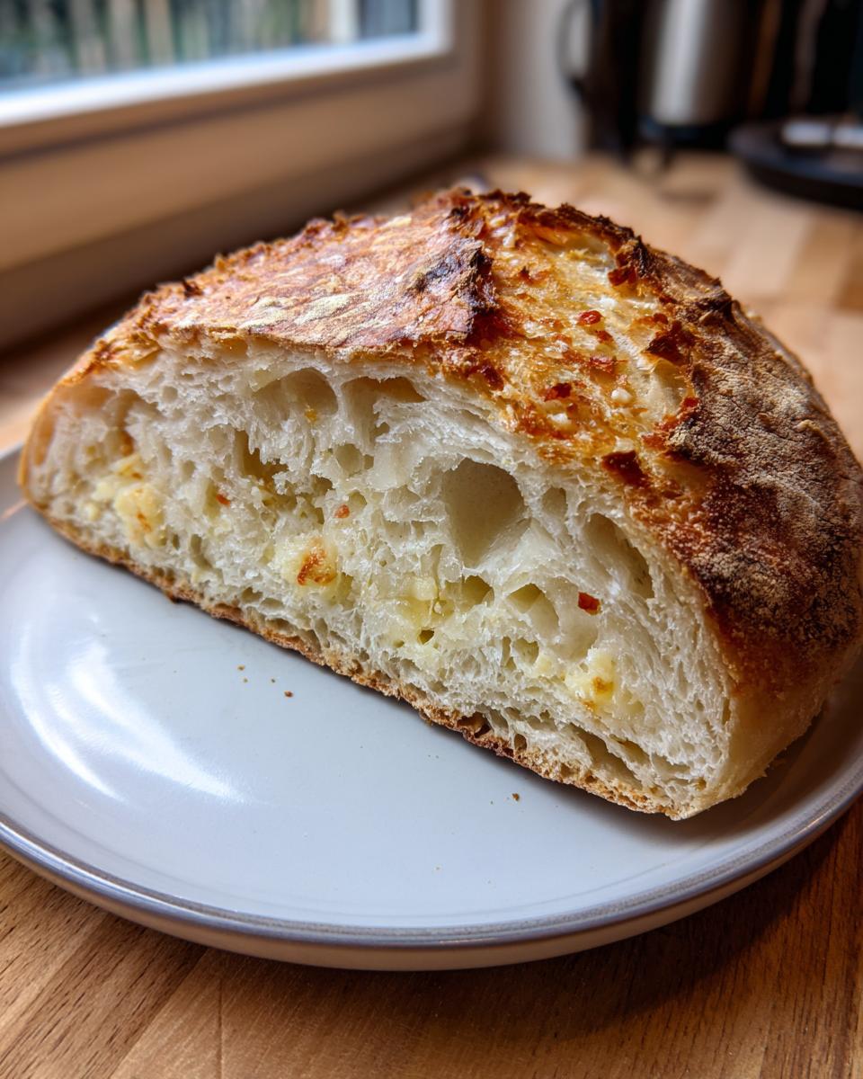 Cross-section of a loaf showing the open crumb structure and melted cheese in this parmesan garlic artisan bread recipe.