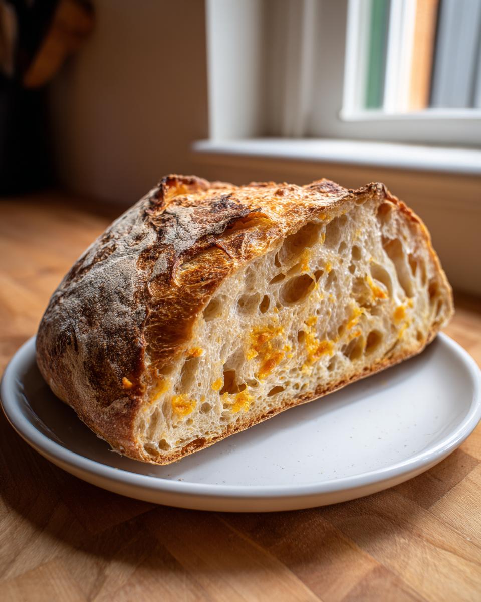 Cross-section of a loaf showing the open crumb structure and melted cheese in this parmesan garlic artisan bread recipe.