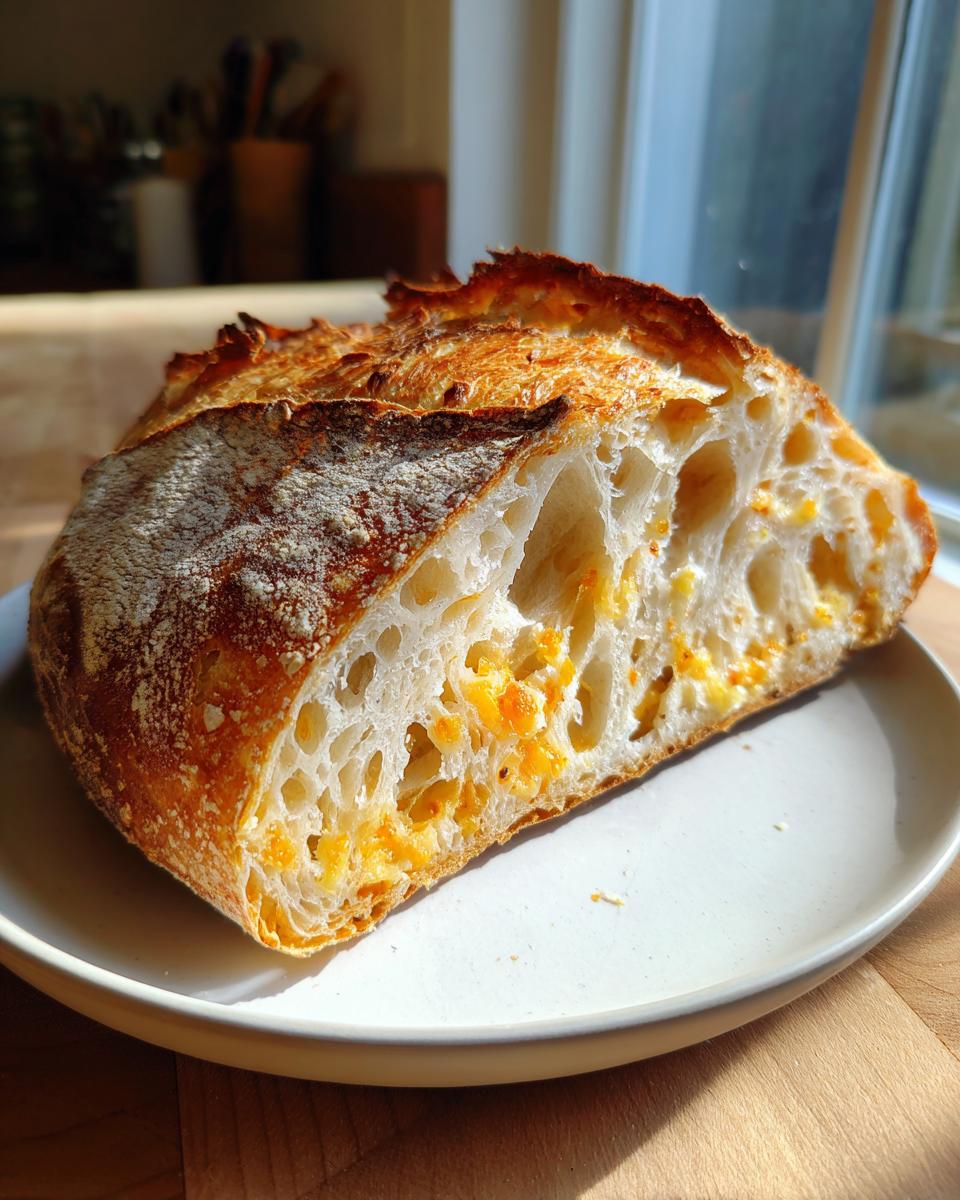 Cross-section of artisan bread showing open crumb structure and flecks of cheese from the parmesan garlic artisan bread recipe.