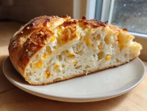 Close-up of a slice showing the airy crumb and melted cheese in the parmesan garlic artisan bread recipe.