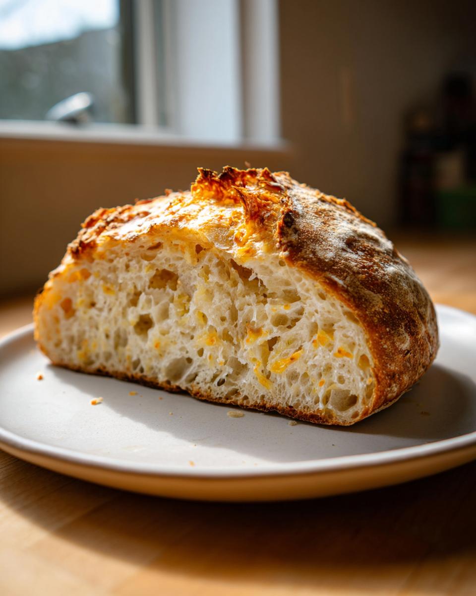 A close-up of a thick slice of parmesan garlic artisan bread showing the open crumb structure and baked cheese.