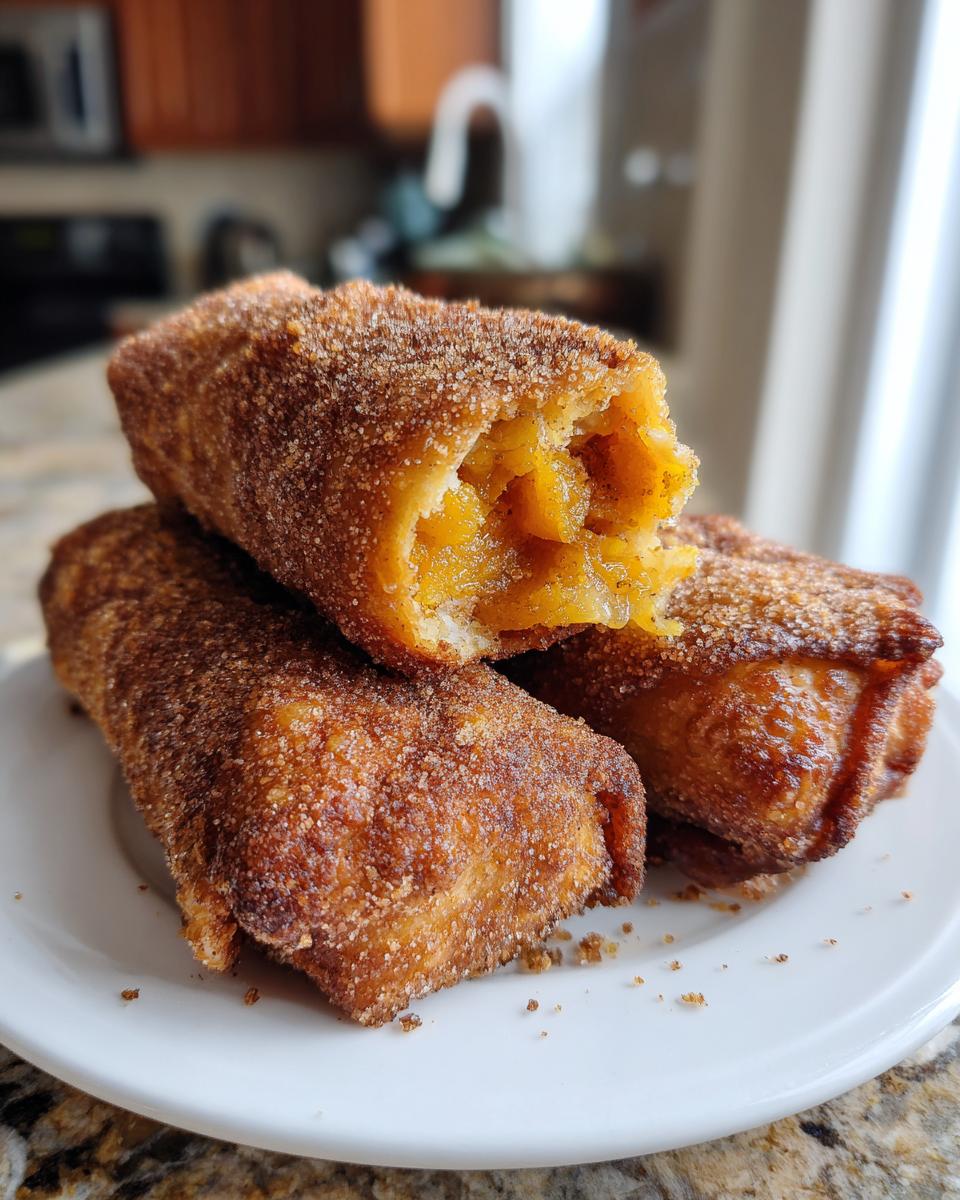 Three golden brown peach cobbler egg rolls coated in cinnamon sugar, one is broken open showing the peach filling.