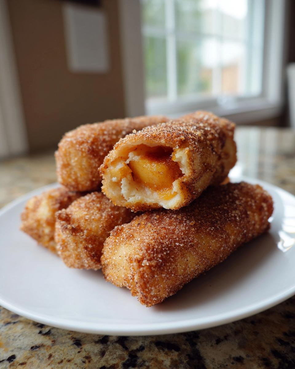 A stack of golden-brown peach cobbler egg rolls, rolled in cinnamon sugar, with one cut open showing the peach filling.