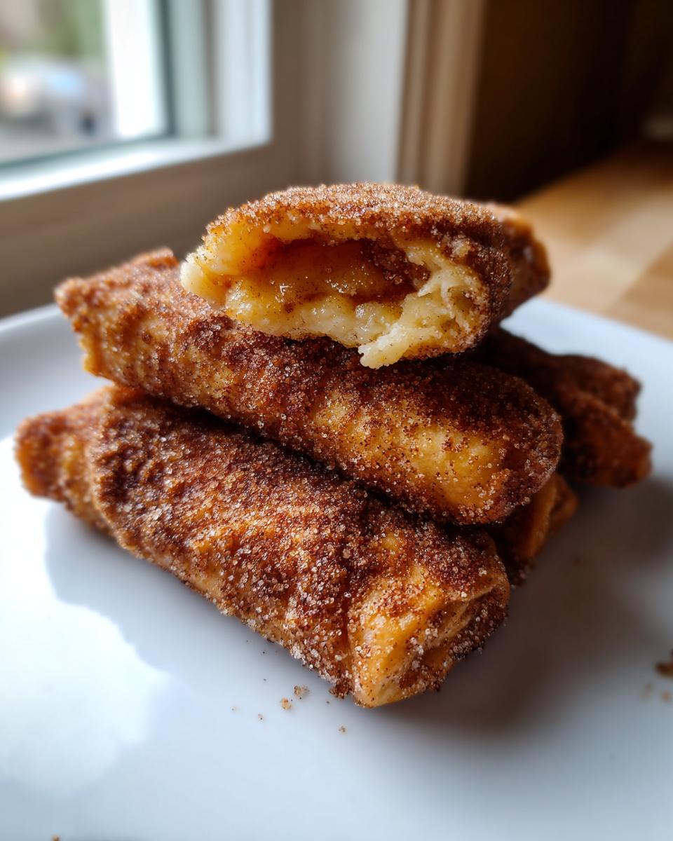Close-up of stacked, cinnamon-sugar coated peach cobbler egg rolls, one cut open showing the filling.