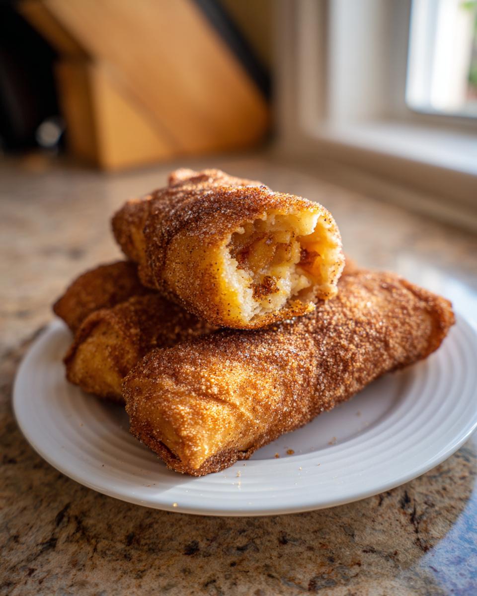 Close-up of golden brown peach cobbler egg rolls dusted heavily with cinnamon sugar, one is broken open.