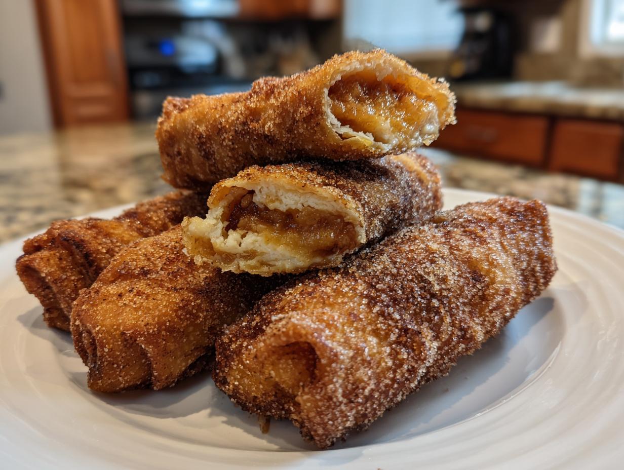 A stack of golden brown, cinnamon-sugar coated peach cobbler egg rolls, with one cut open to show the sweet peach filling.