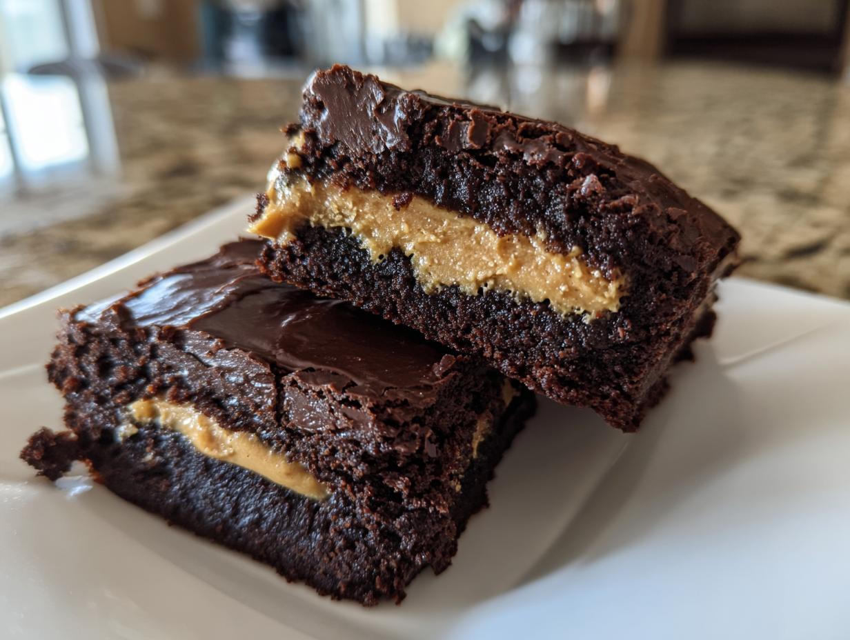 Two rich, dark chocolate peanut butter stuffed brownies stacked on a white plate, showing the creamy filling.