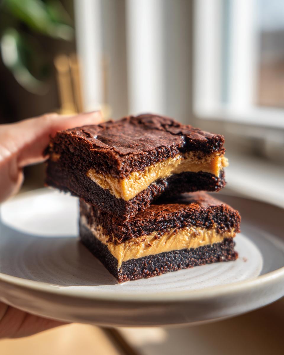 Two rich, fudgy peanut butter stuffed brownies stacked on a light ceramic plate, held up near a window.
