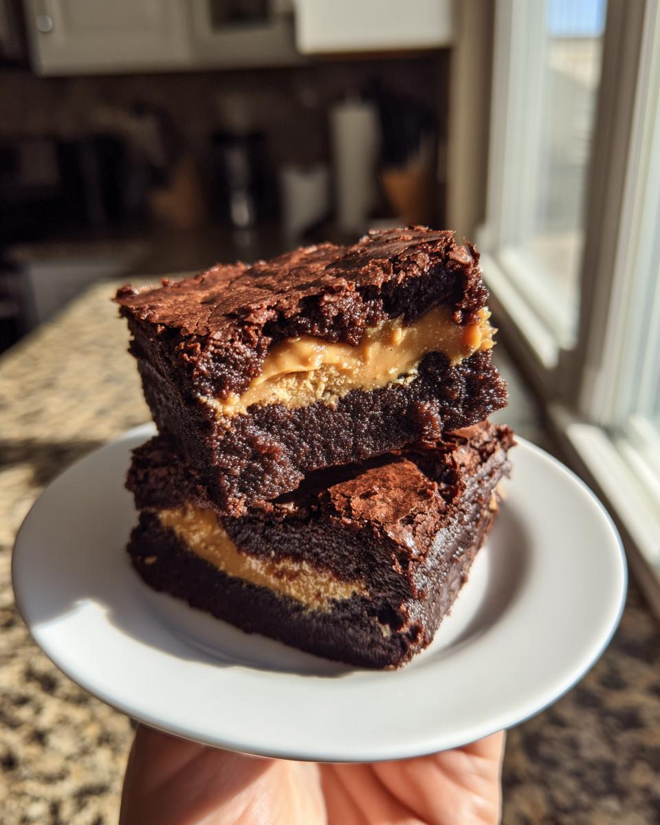 Two rich, fudgy peanut butter stuffed brownies stacked on a small white plate, held up near a window.