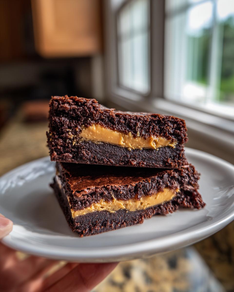 Two rich, dark chocolate peanut butter stuffed brownies stacked on a white plate, held up near a window.