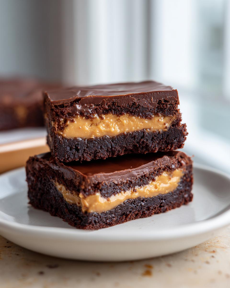 Two stacked squares of rich peanut butter stuffed brownies, showing the thick peanut butter layer between the dark chocolate base and glossy topping.