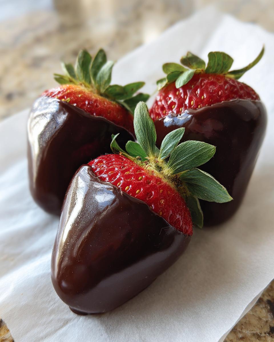 Three glossy chocolate covered strawberries resting on a white napkin, showcasing the rich dark chocolate coating.