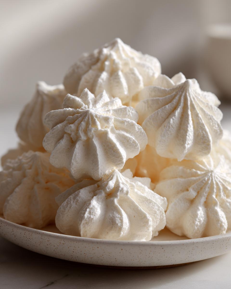 A close-up of a pile of perfectly piped, crisp white meringue cookies on a speckled ceramic plate.
