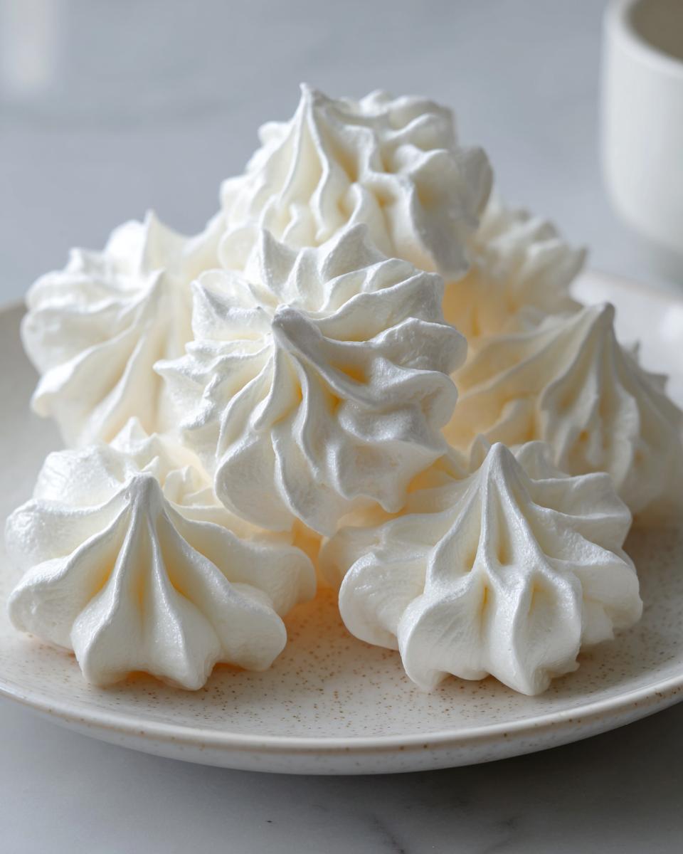 A pile of crisp, white, star-shaped meringue cookies piped onto a speckled ceramic plate.