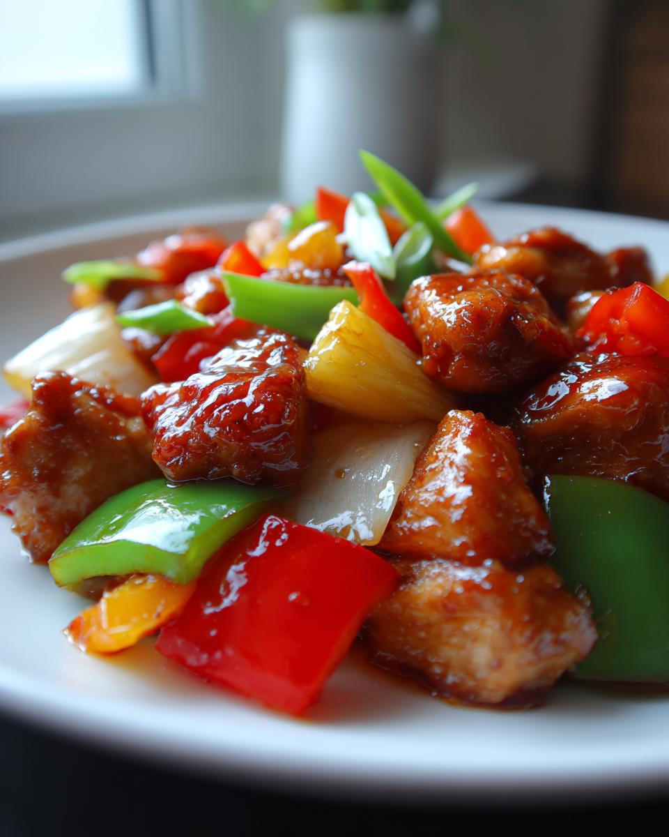Close-up of glossy, sauced chicken pieces mixed with chunks of pineapple, red and green bell peppers in a pineapple chicken stir-fry.