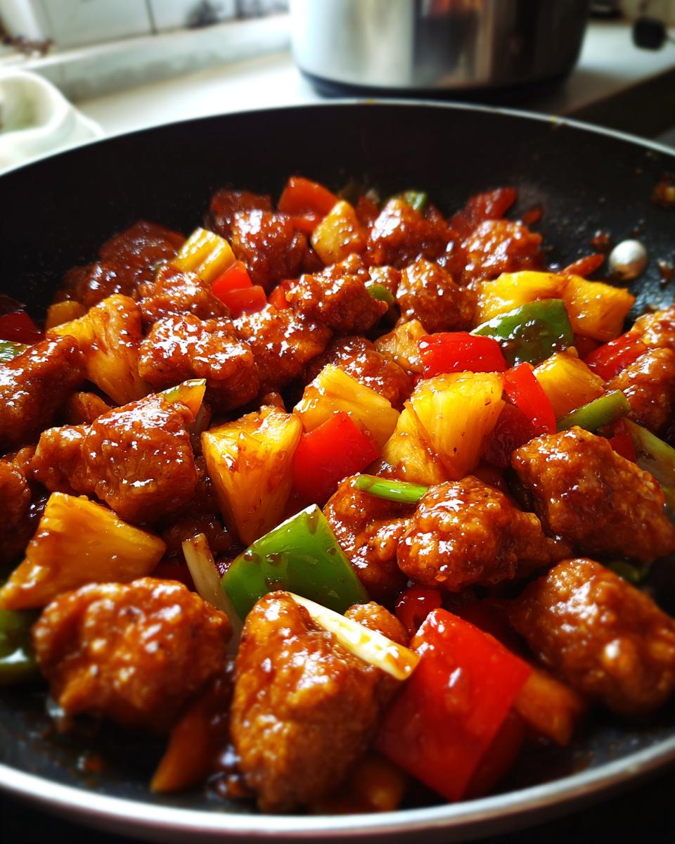 Close-up of glossy, saucy pineapple chicken stir-fry with chunks of pineapple and colorful bell peppers in a black skillet.