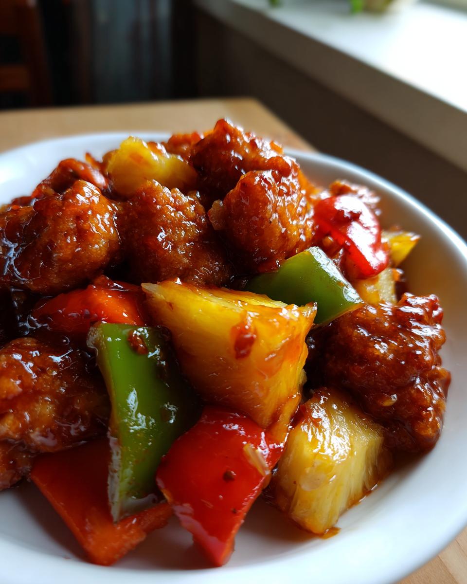 Close-up of glossy, saucy pineapple chicken stir-fry pieces mixed with chunks of pineapple and bell peppers.