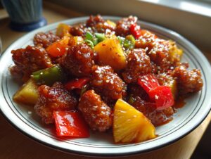 A close-up of a serving of glossy pineapple chicken stir-fry with chunks of pineapple and bell peppers, garnished with sesame seeds.