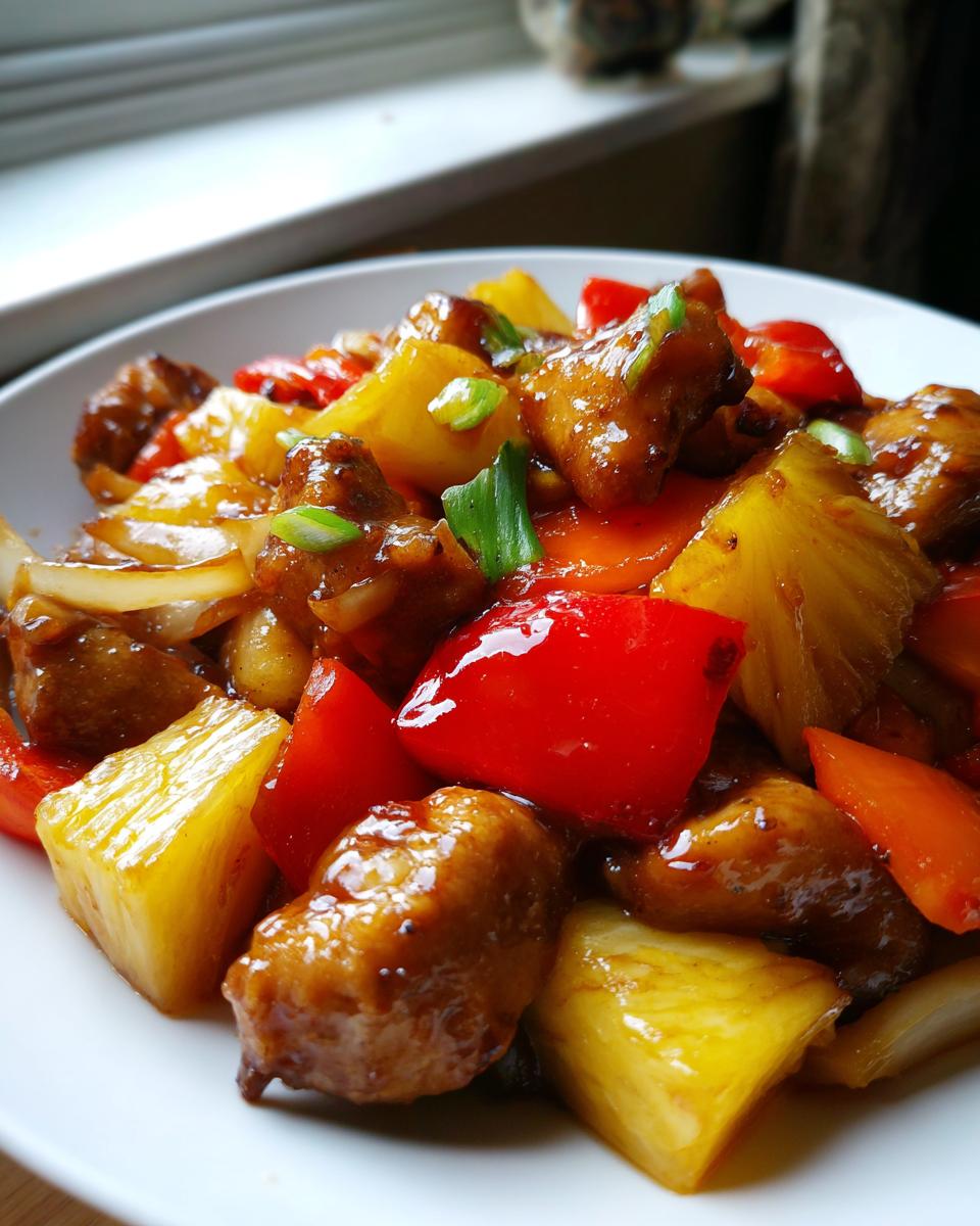 Close-up of glossy, saucy pieces of chicken, pineapple chunks, and red bell peppers in a pineapple chicken stir-fry.