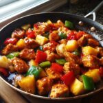 Close-up of glossy, saucy pineapple chicken stir-fry with chunks of pineapple, red, and green peppers in a black skillet.
