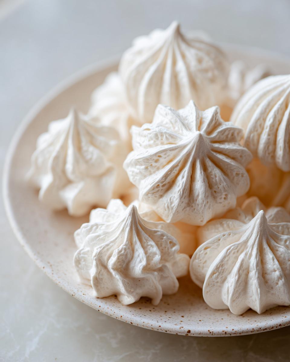 Close-up of several crisp, white meringue cookies piped into star shapes, resting on a speckled ceramic plate.