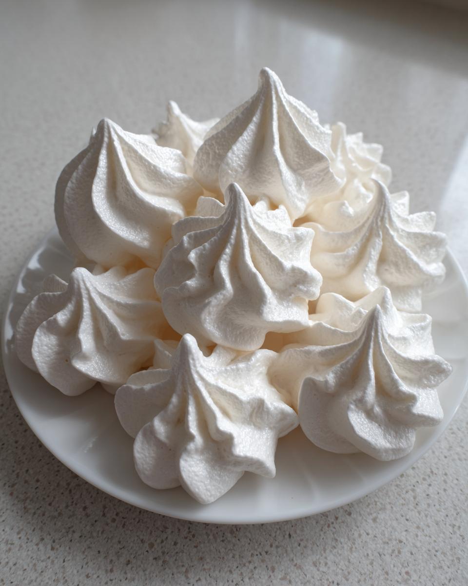 A close-up of several perfectly piped, crisp white meringue cookies stacked on a small white plate.