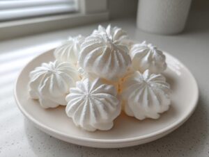 A plate piled high with freshly piped, crisp white meringue cookies, showcasing beautiful star-shaped ridges.
