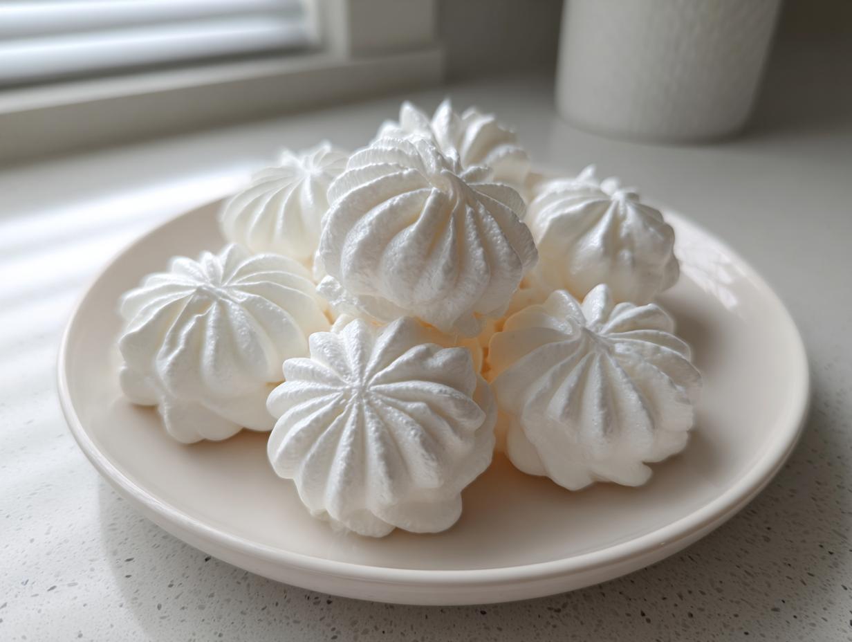 A plate piled high with freshly piped, crisp white meringue cookies, showcasing beautiful star-shaped ridges.