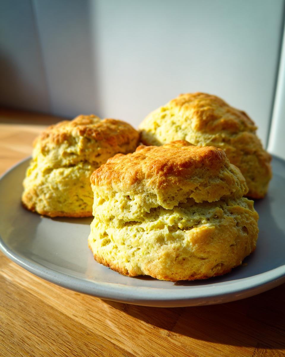Three golden-brown pistachio pudding mix scones stacked slightly on a light gray plate.