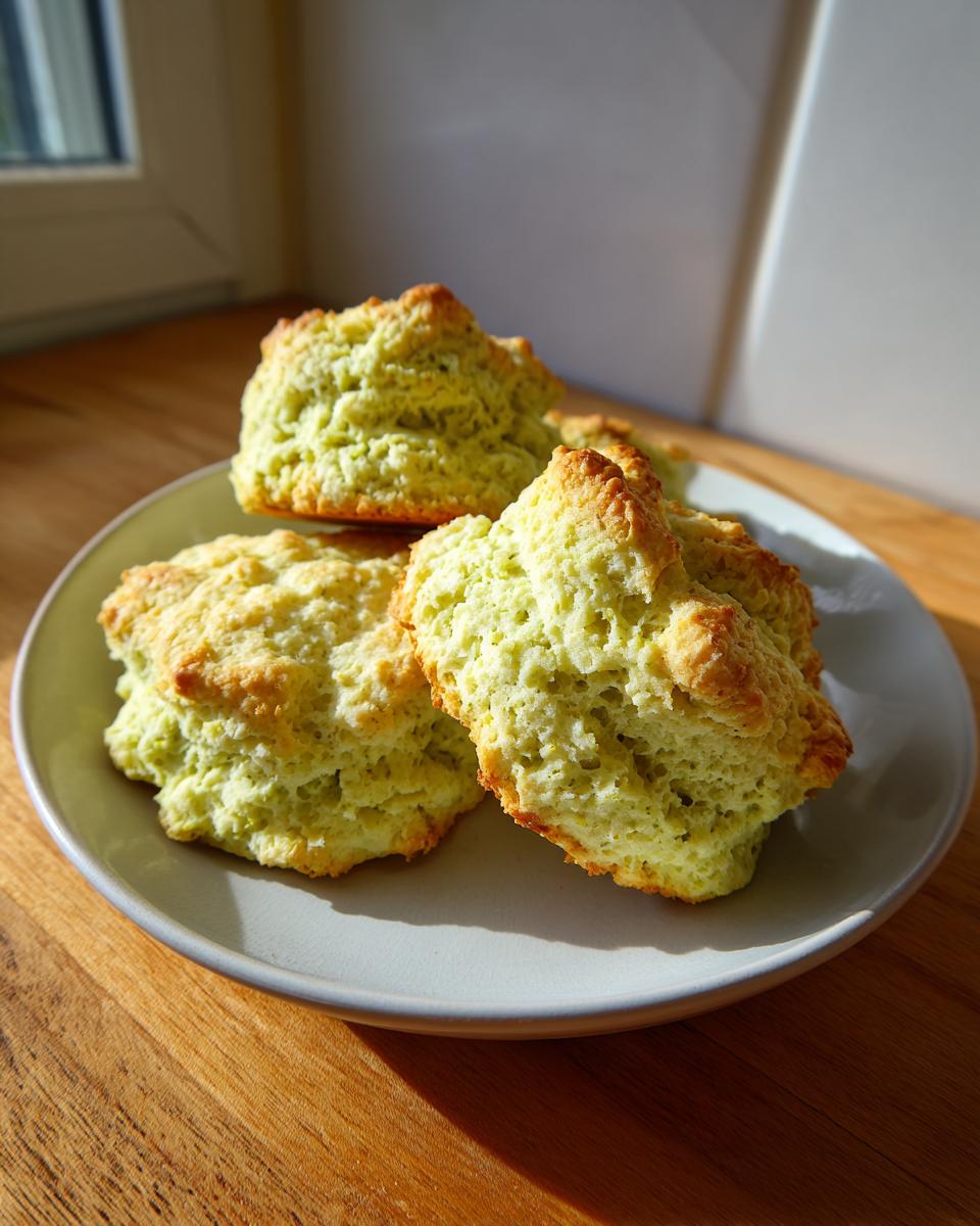 Three freshly baked pistachio pudding mix scones with golden tops sitting on a light gray plate.