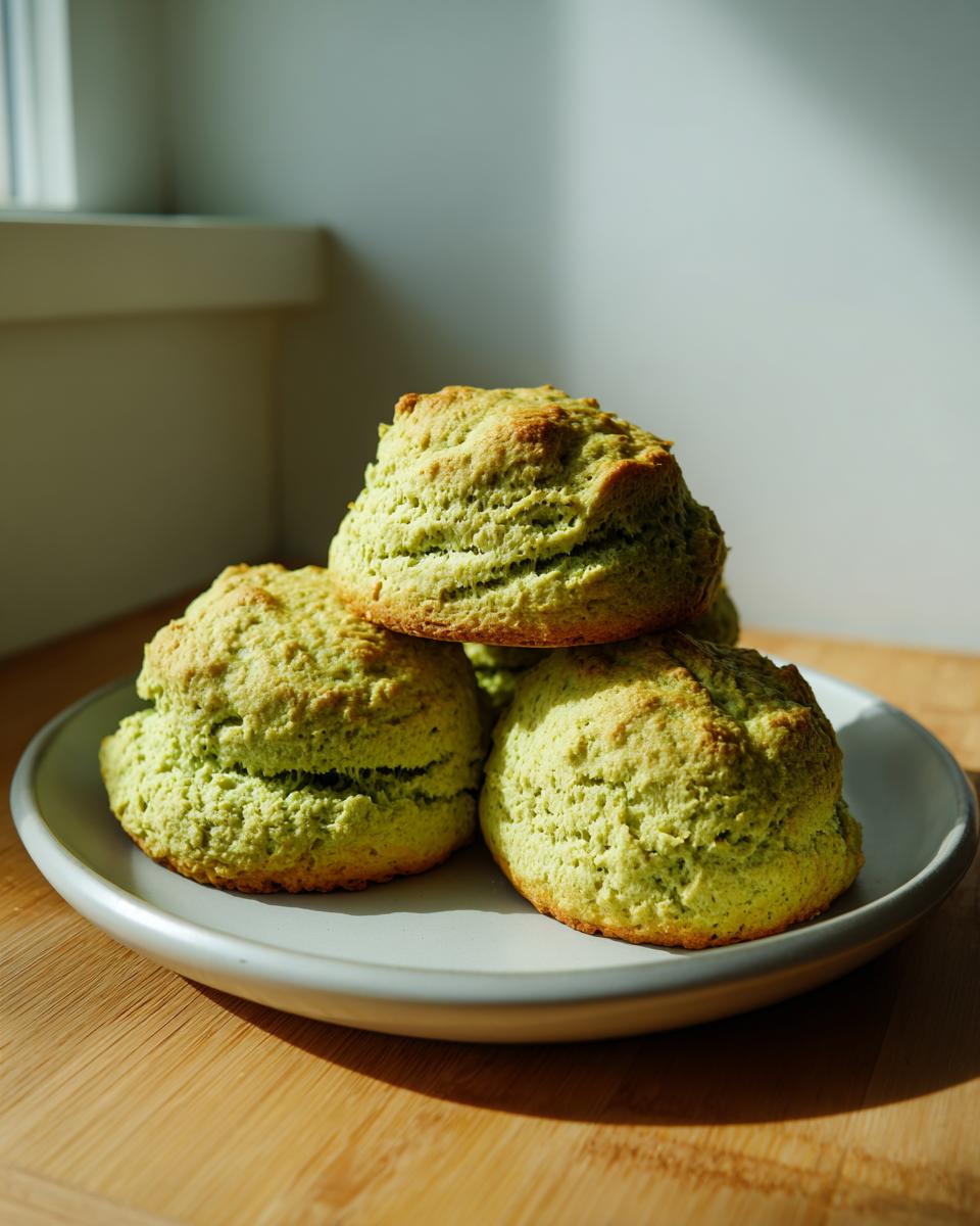 A stack of four bright green pistachio pudding mix scones resting on a light gray plate on a wooden surface.