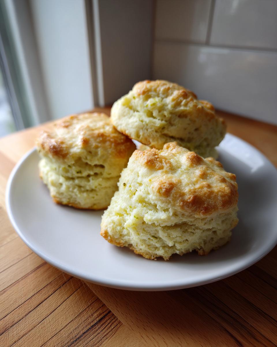 Three golden-brown pistachio pudding mix scones stacked slightly on a white plate near a window.