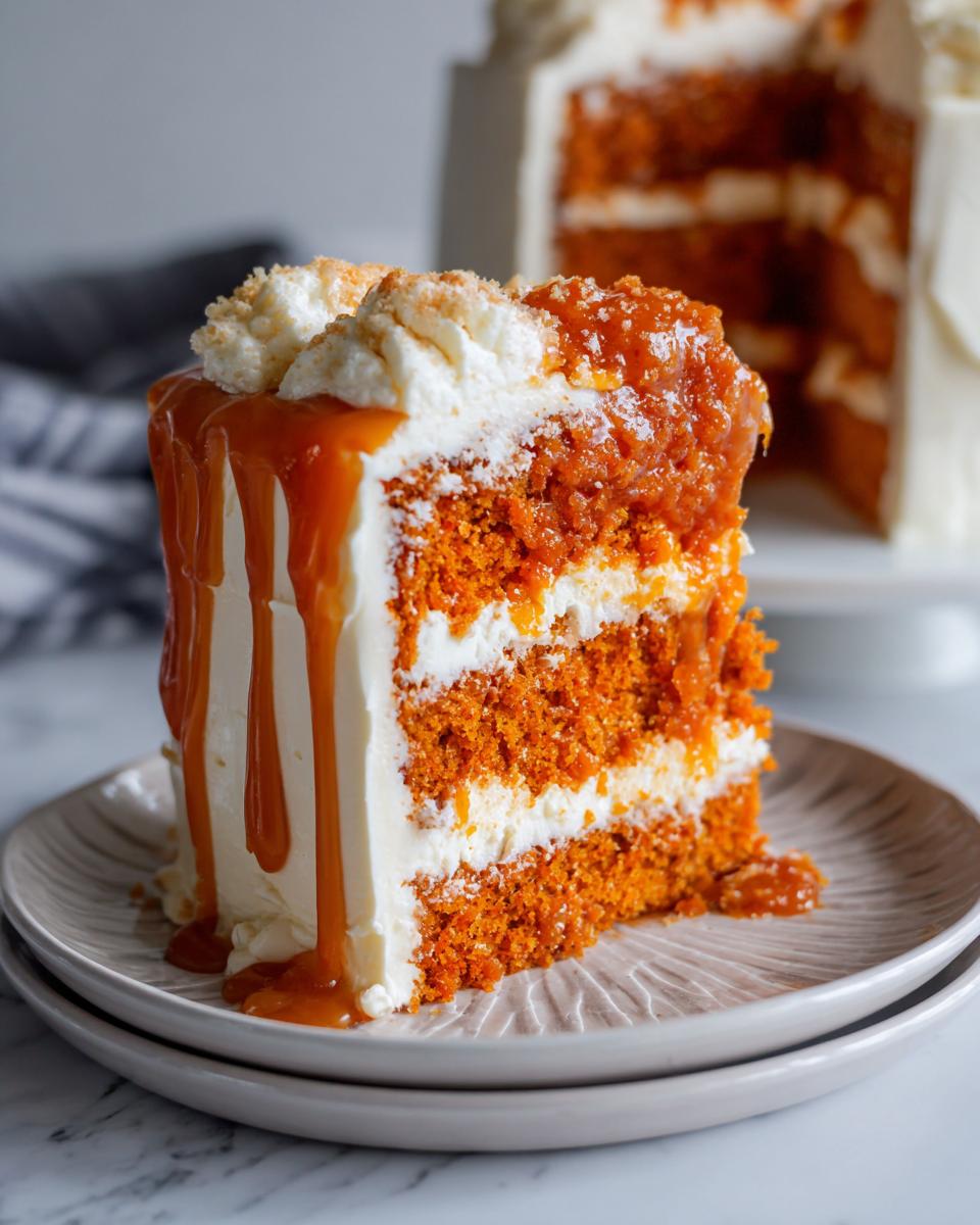 Close-up of a slice of pumpkin cake with cream cheese frosting and salted caramel drizzle.