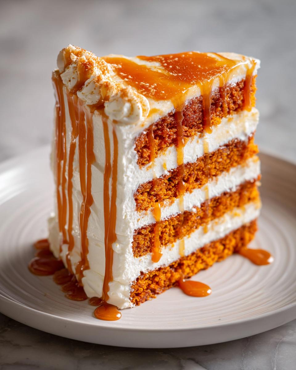 A tall slice of multi-layered pumpkin cake with cream cheese frosting and a generous salted caramel drizzle.