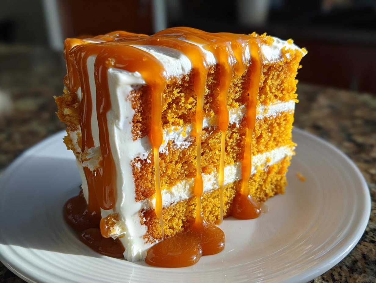 A decadent slice of pumpkin cake with cream cheese frosting, heavily drizzled with salted caramel.