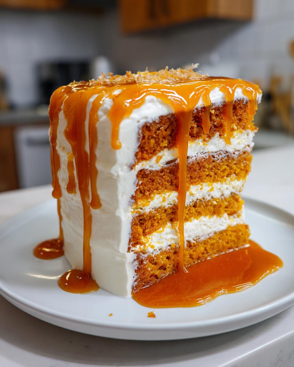 A tall slice of pumpkin cake with cream cheese frosting, generously drizzled with salted caramel.