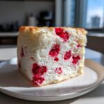 A light, airy slice of raspberry angel food cake showing bright red raspberries baked into the white sponge.