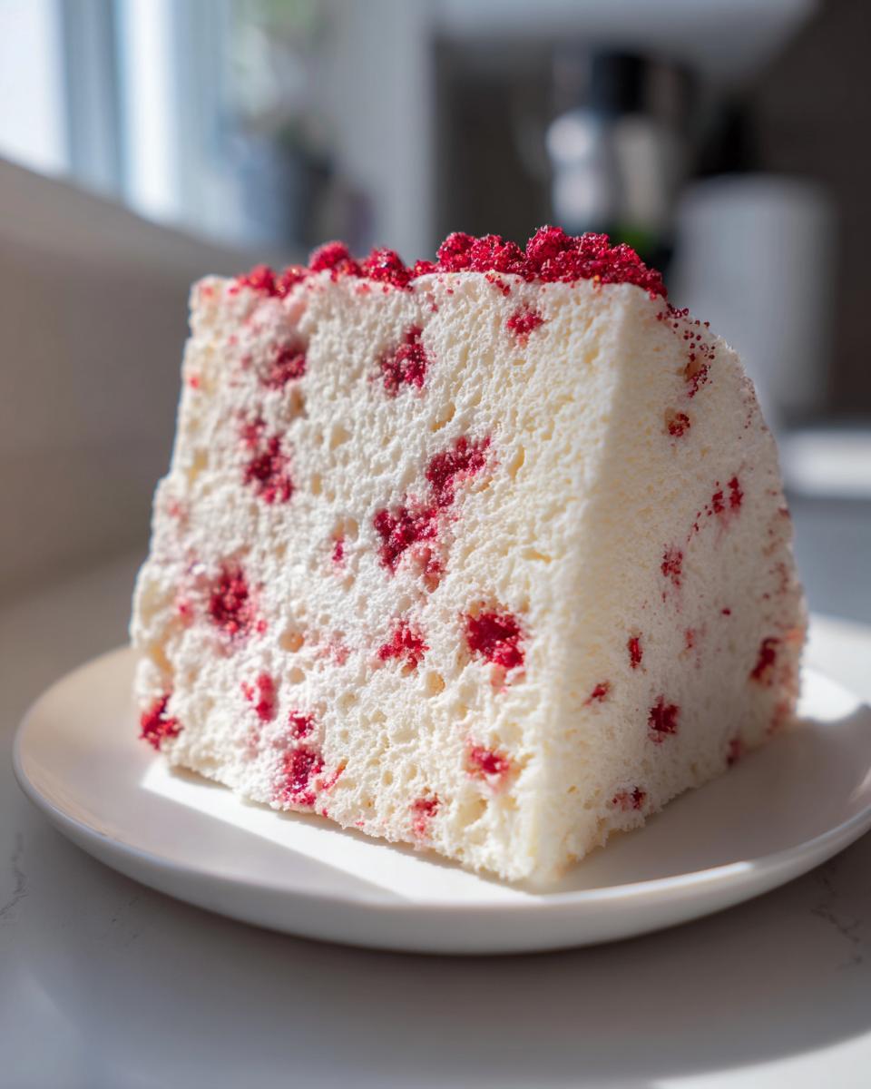 A fluffy slice of raspberry angel food cake with bright red raspberry pieces visible inside and on top.