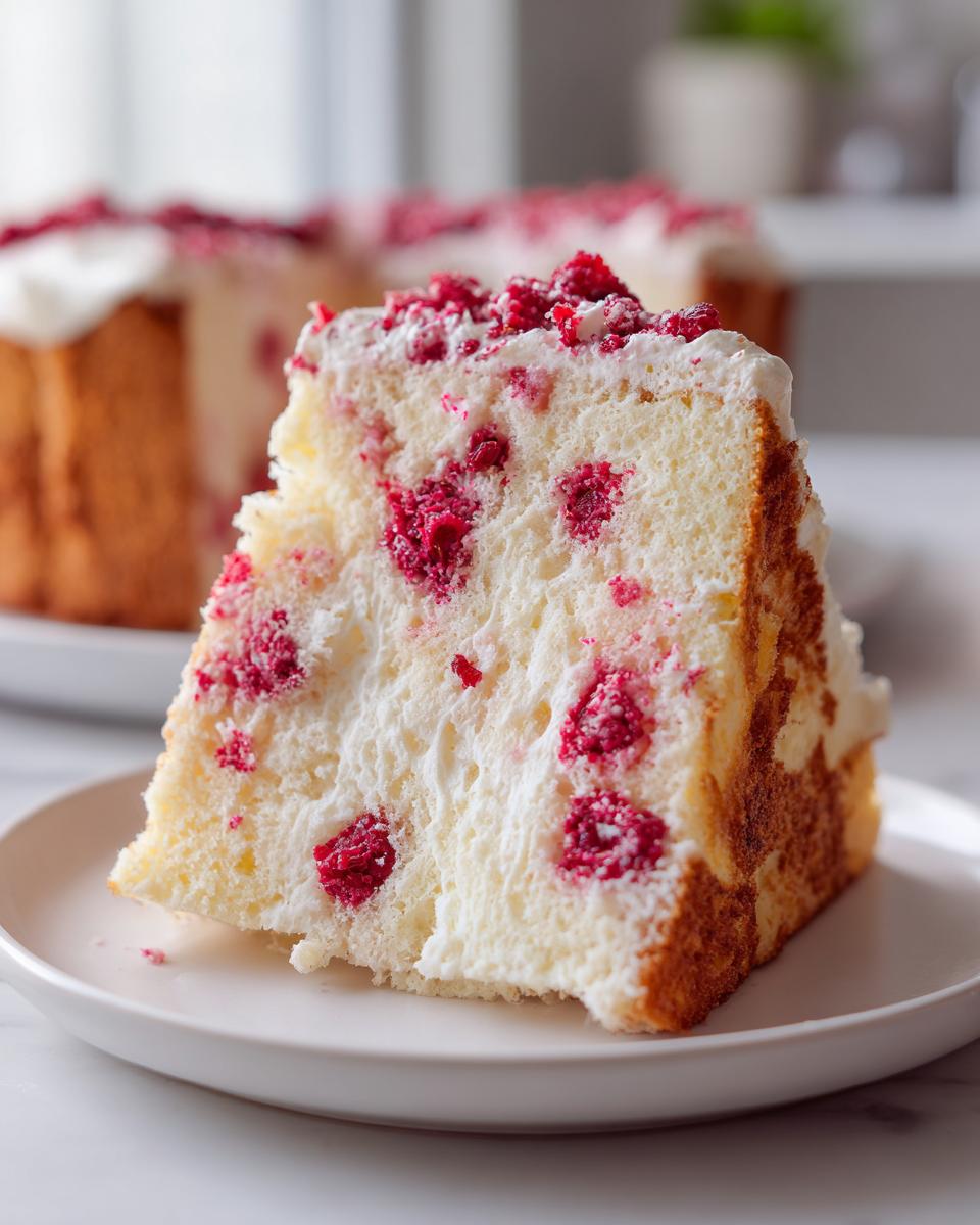 Close-up of a fluffy slice of raspberry angel food cake topped with whipped cream and fresh raspberries.