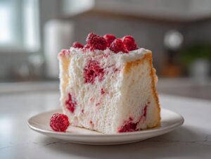 A tall slice of light and airy raspberry angel food cake topped with fresh raspberries on a white plate.