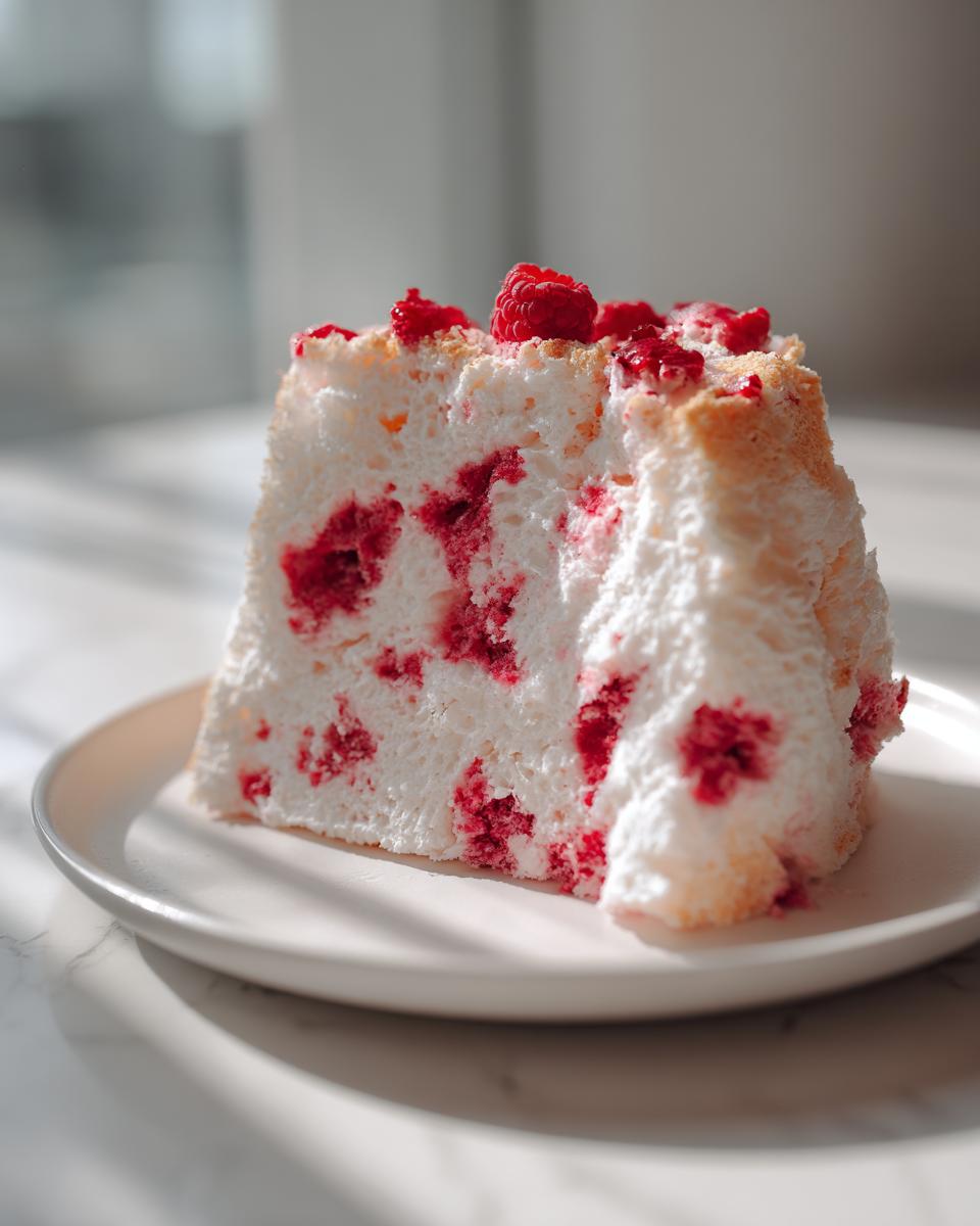 A fluffy slice of raspberry angel food cake speckled with bright red fruit, topped with fresh raspberries.