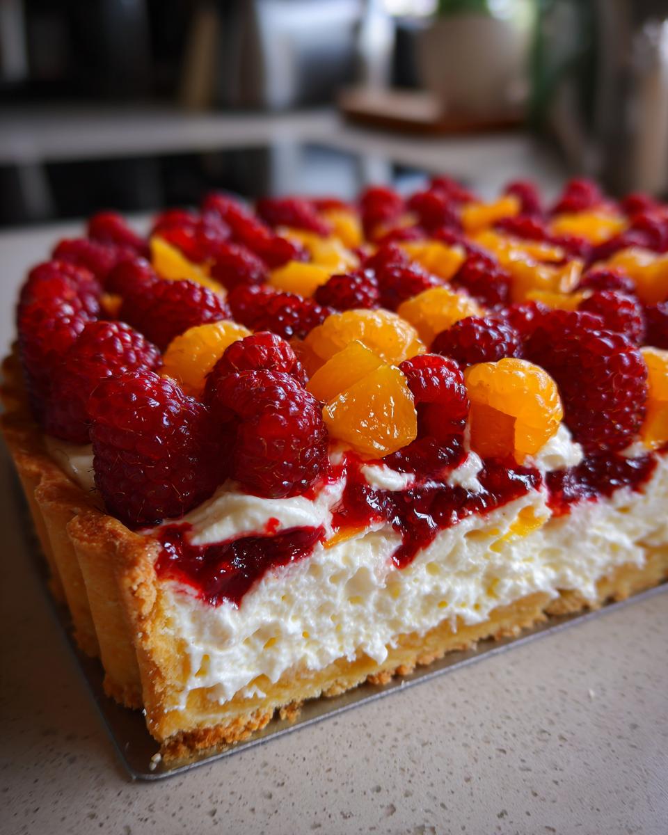 A close-up view of a rectangular raspberry mango tart featuring a thick layer of cream, raspberry drizzle, fresh raspberries, and mango pieces.