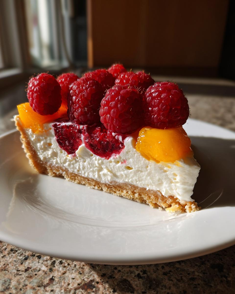 A close-up slice of raspberry mango tart featuring a graham cracker crust, creamy white filling, and topped with fresh raspberries and mango chunks.