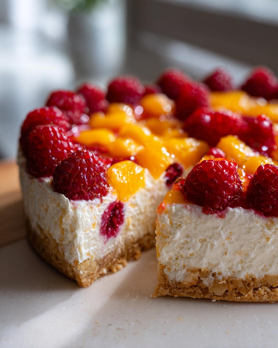Close-up of a creamy raspberry mango tart with a slice removed, showing the graham cracker crust.