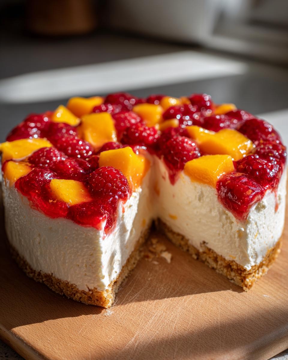 A slice removed from a creamy no-bake raspberry mango tart, showing the graham cracker crust and fresh fruit topping.