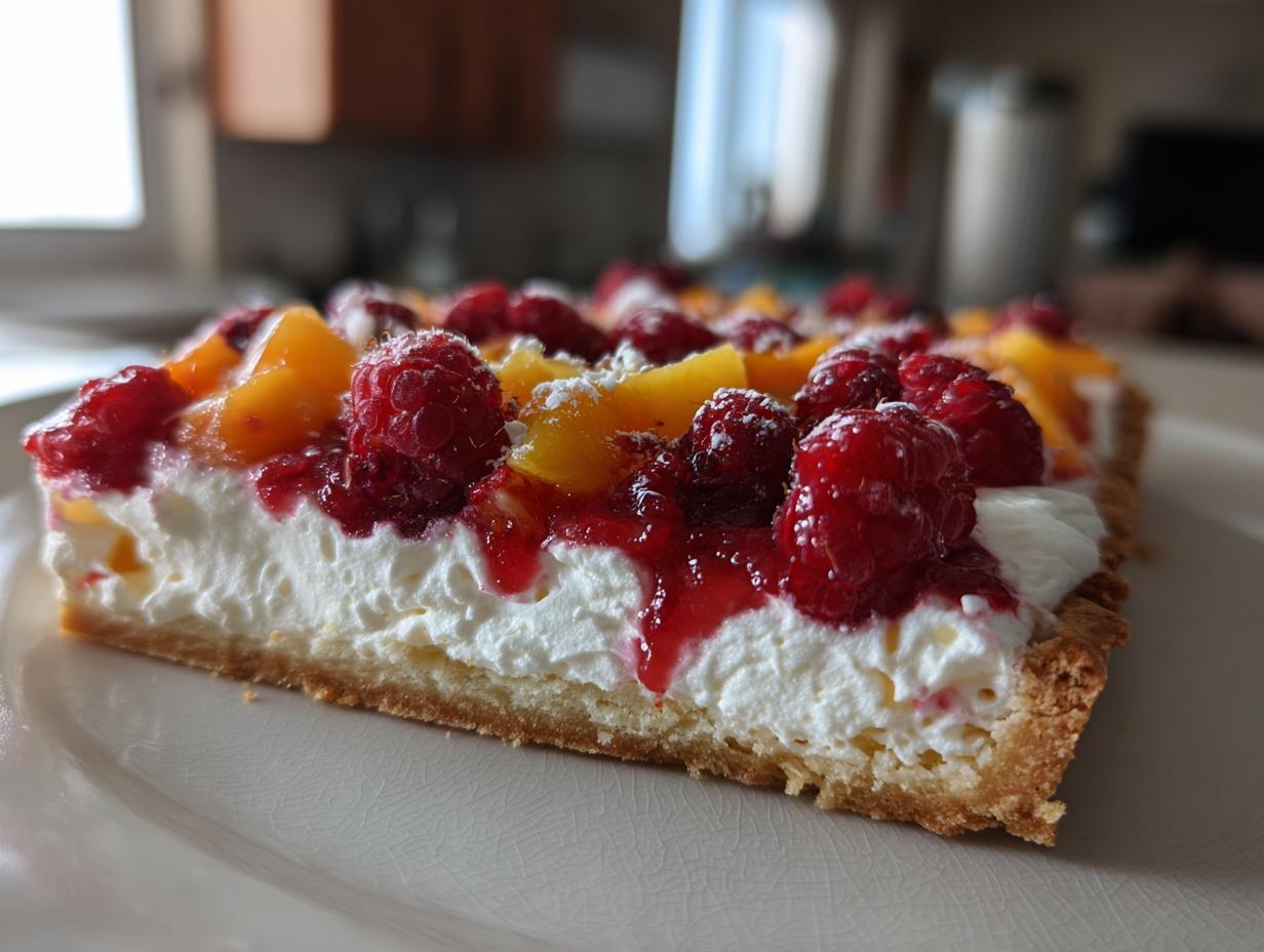 Close-up of a slice of raspberry mango tart showing a thick cream layer, fresh raspberries, and mango chunks on a pastry crust.