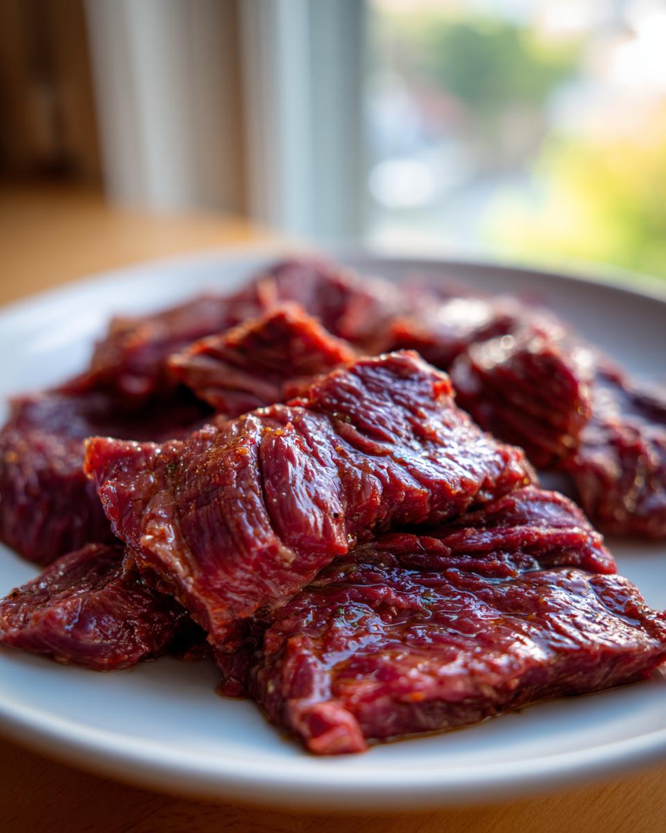 Close-up of raw steak slices coated in a rich fajita marinade resting on a white plate.