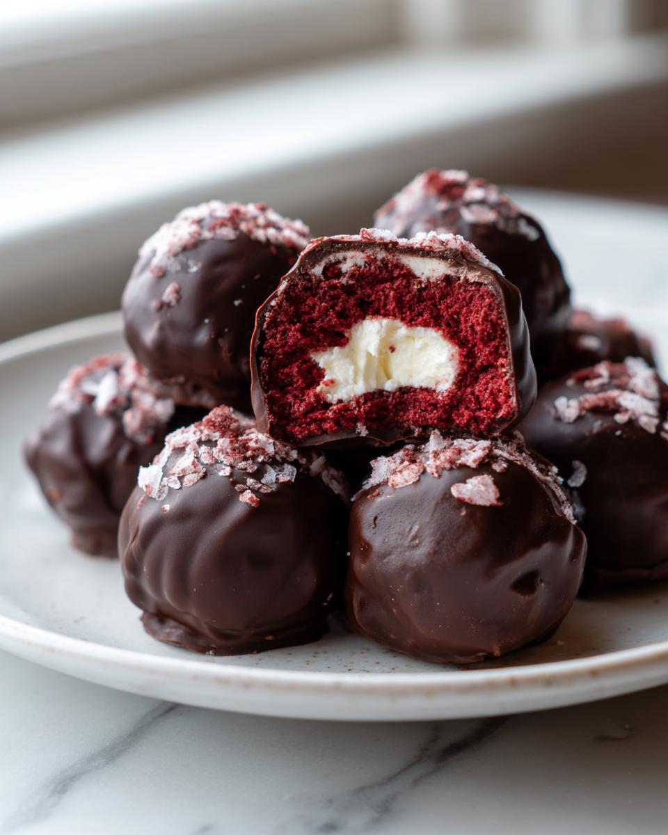 A stack of chocolate-dipped red velvet cake balls, one cut open to show the creamy white center.