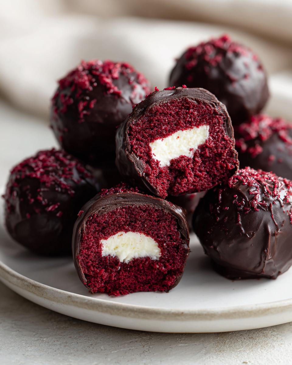 Close-up of delicious red velvet cake balls, one cut in half showing the bright red cake and white cream cheese center.
